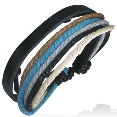 Pulsera De Piel Ajustable Dise O Tiras Azul Blanco Gris Negro