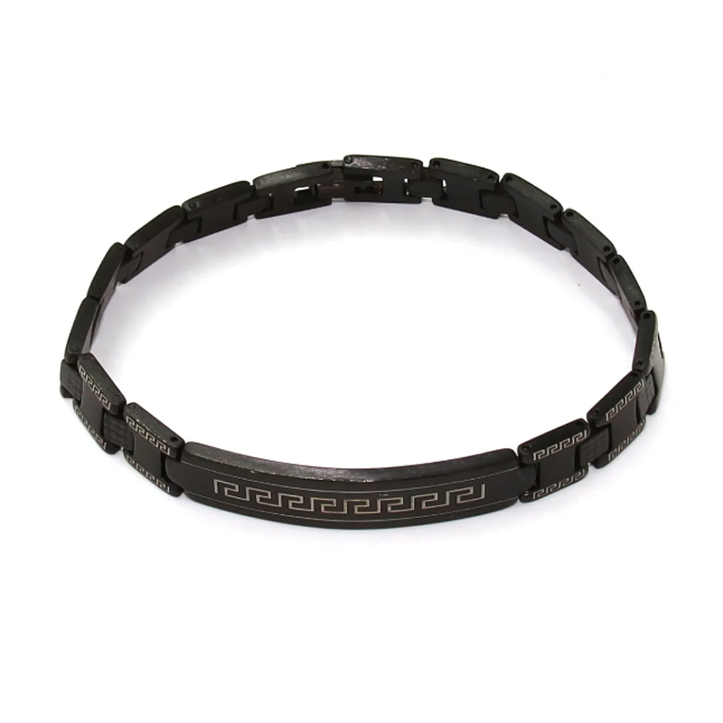 Pulsera Acero Negro Eslabon Grueso Grecas Romanas Plana Estiloss