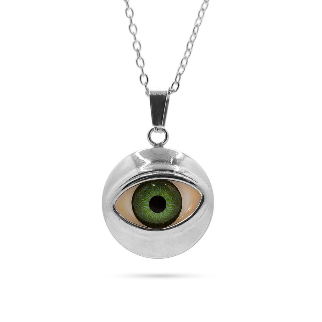 Collar Acero Inox Plateado Ojo Realista Verde Mm Estiloss