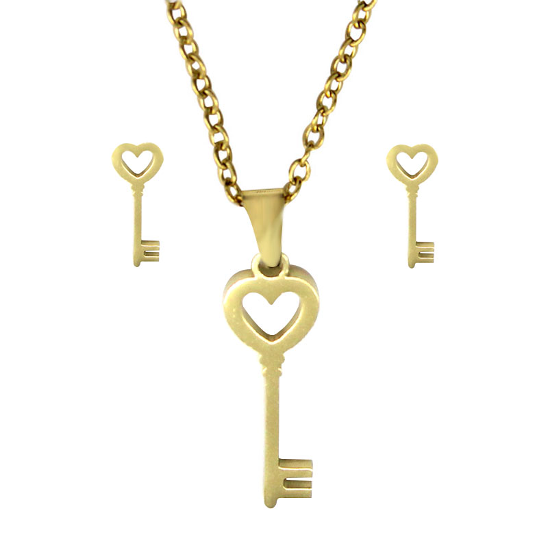 0257-Set-de-Joyeria-Acero-Inox-Dorado-Corazon-Llave-Antigua