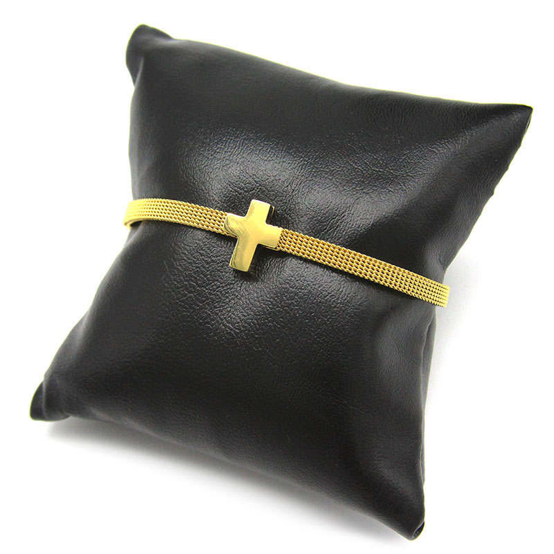 0851-2-Pulsera-Brazalete-Correa-Acero-Dorado-Cruz-Religiosa