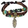 Pulsera de Piel Ajustable Diseño Pluma Mal de Ojo Cafe Verde 0147