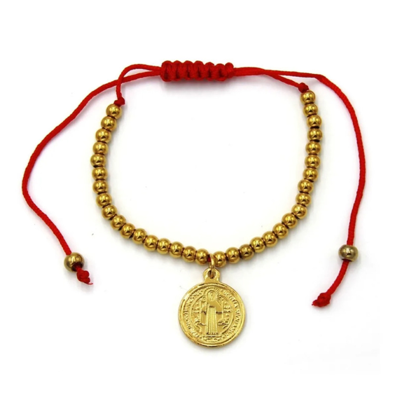 Pulsera-Acero-Inoxidable-Dorado-San-Benito-Jareta-Roja