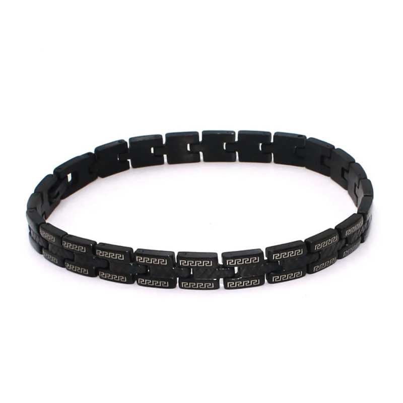 Pulsera-Hombre-Acero-Negro-Eslabon-Grecas-Romanas-Doradas