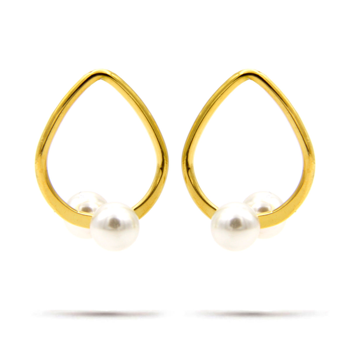 Aretes Acero Dorado Tipo Gota Doble Perla Imitacion