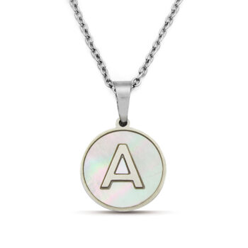 Collar Acero Plateado Circular Letra A Madre Perla