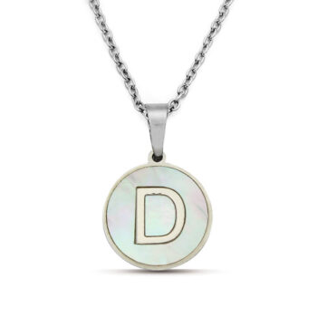 Collar Acero Plateado Circular Letra D Madre Perla