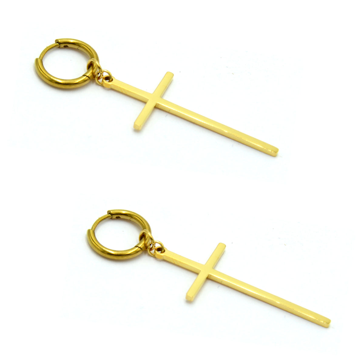 Aretes Acero Inox Dorado Cruz Slim Colgante 30 mm-2