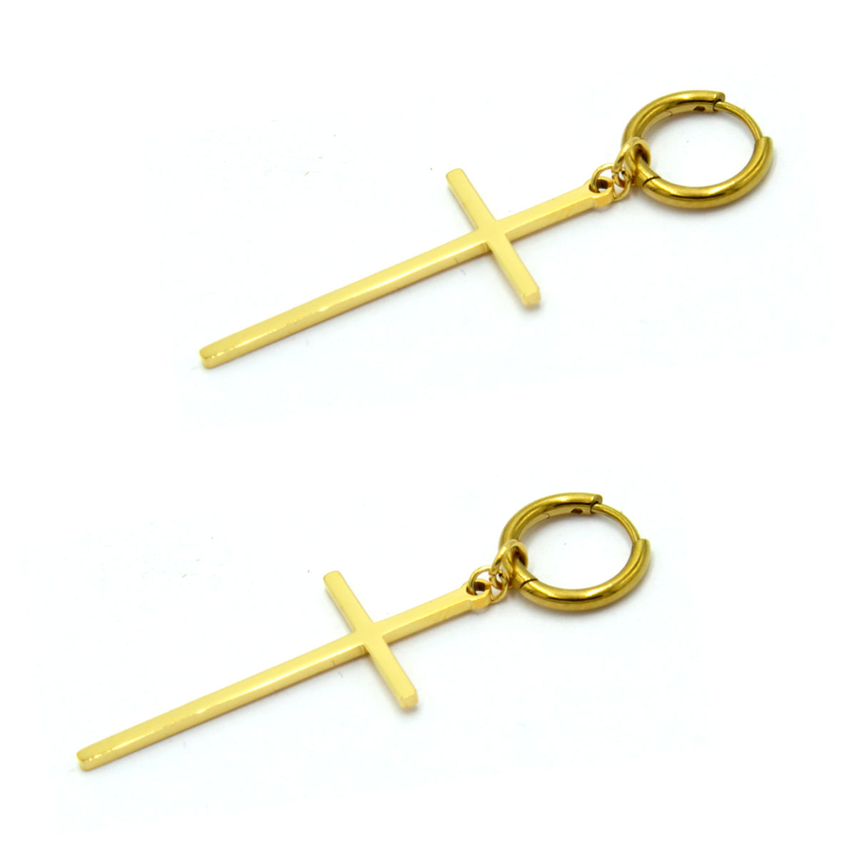 Aretes Acero Inox Dorado Cruz Slim Colgante 30 mm-3