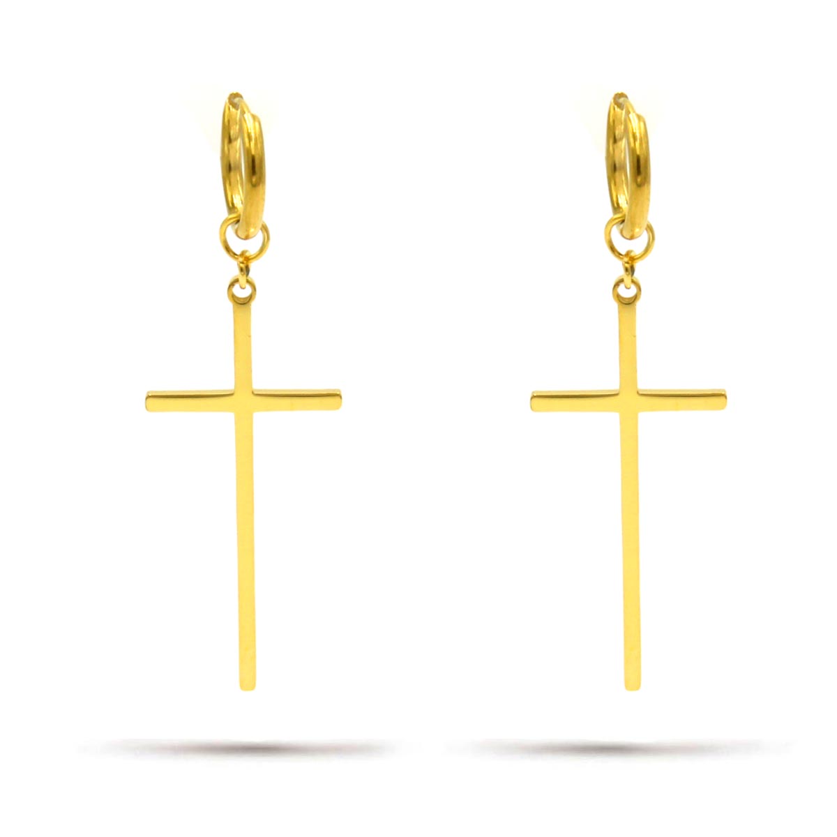 Aretes Acero Inox Dorado Cruz Slim Colgante 30 mm