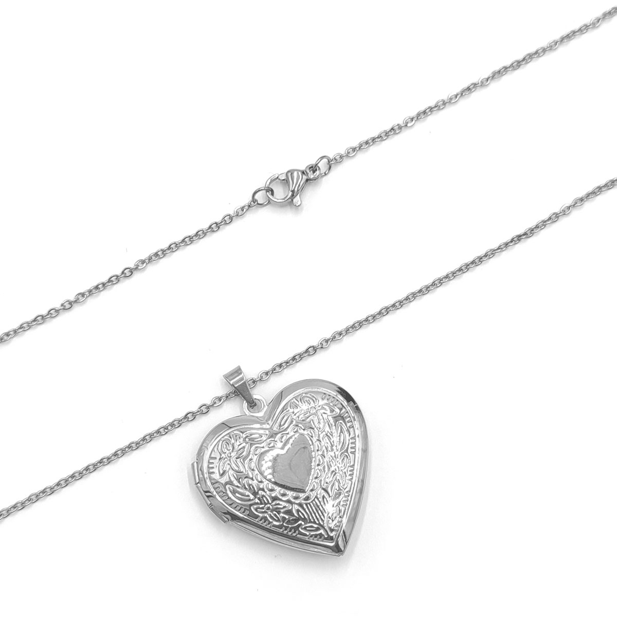 Collar Acero Plateado Relicario Corazon Grabado 28 mm-2