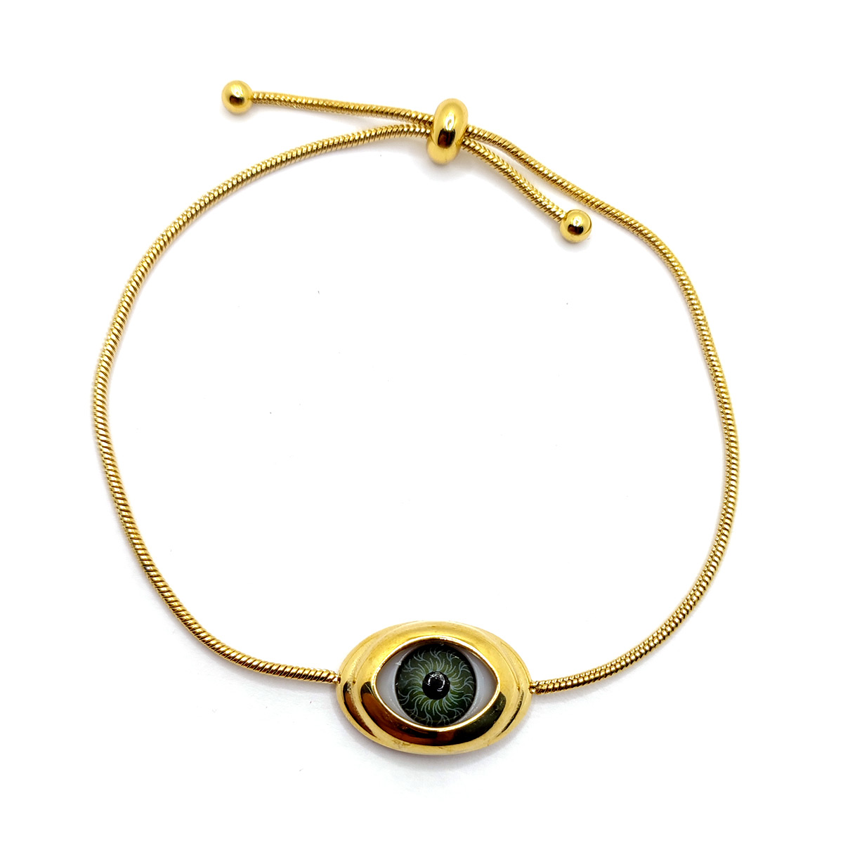 Pulsera Acero Inox Dorado Ojo Verde Realista Ajustable-1