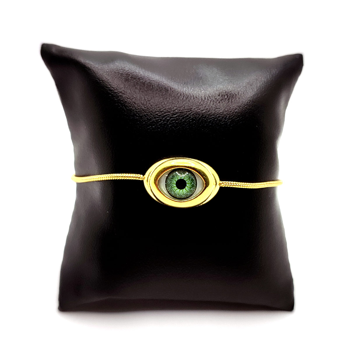 Pulsera Acero Inox Dorado Ojo Verde Realista Ajustable-2