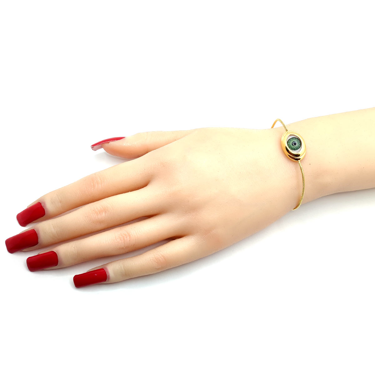 Pulsera Acero Inox Dorado Ojo Verde Realista Ajustable-3