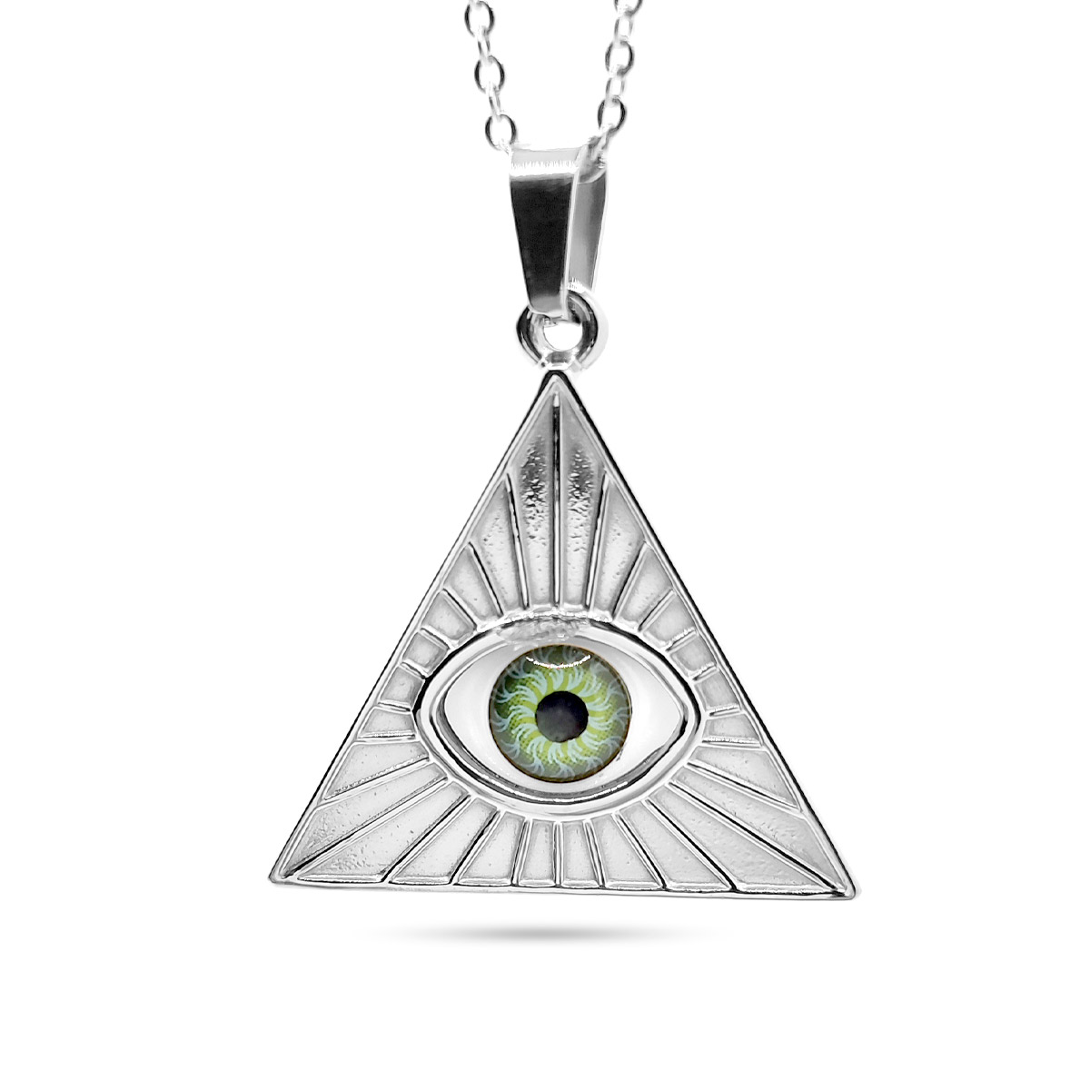 Collar Acero Plata Ojo Providencia Dios Triangulo Verde