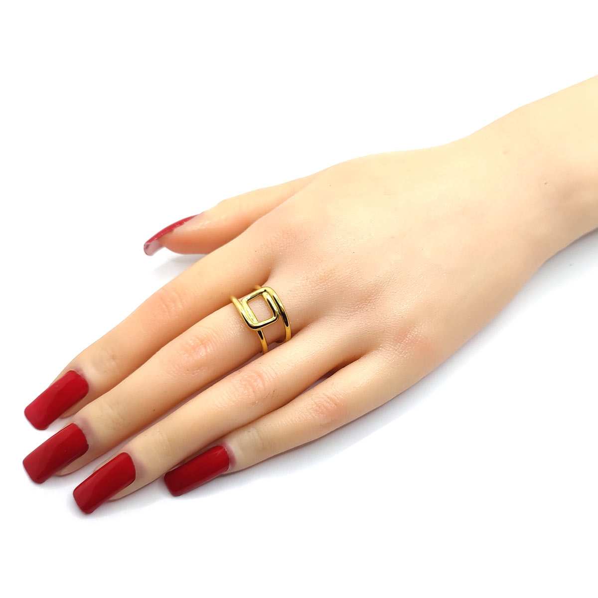 Anillo Acero Dorado Minimalista Cuadros Dobles Ajustable 4