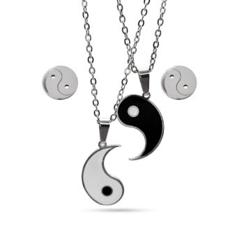 Set Joyería Acero Plateado Yin Yang Collar De Pareja Amor