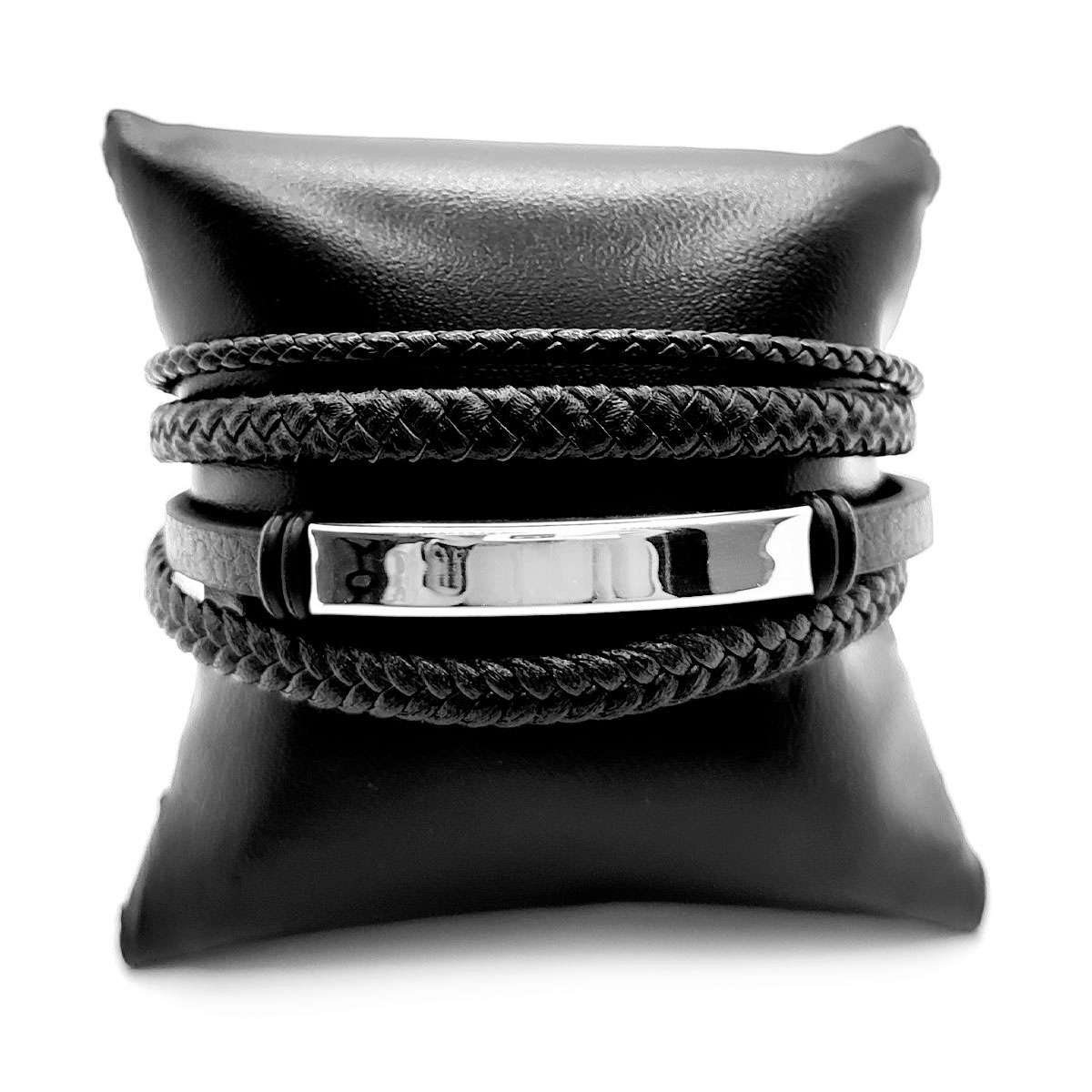 Pulsera Acero Plata Hombre Cuádruple Trenzado Piel Placa 2