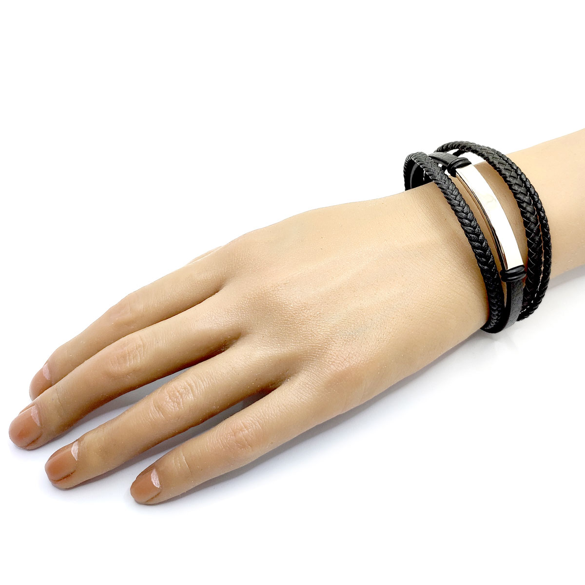Pulsera Acero Plata Hombre Cuádruple Trenzado Piel Placa 3