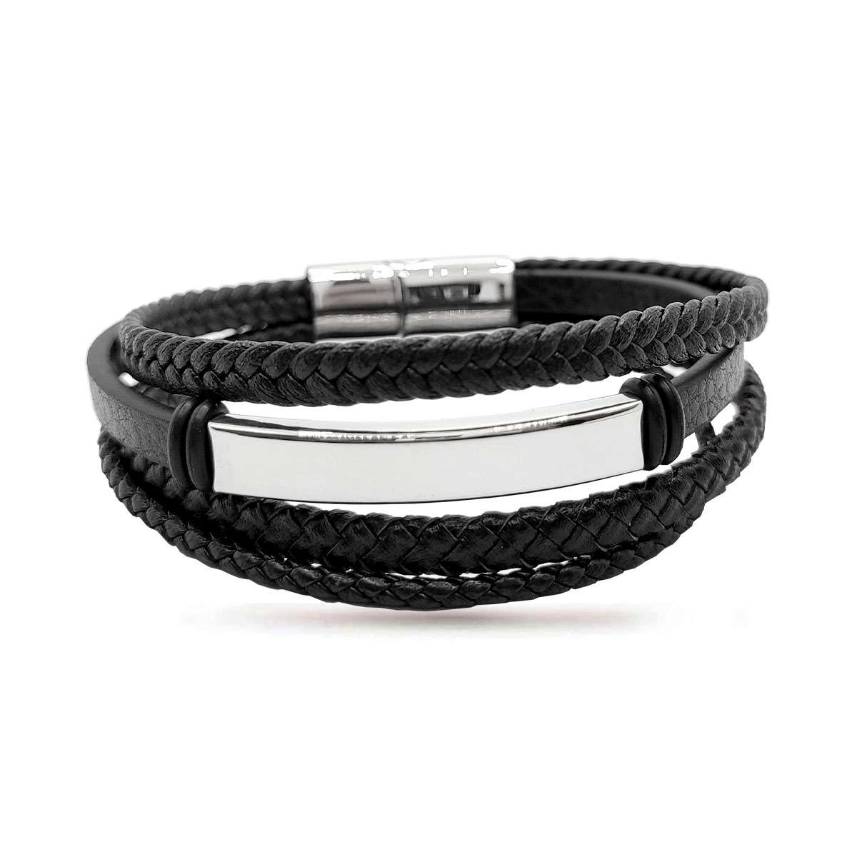 Pulsera Acero Plata Hombre Cuádruple Trenzado Piel Placa