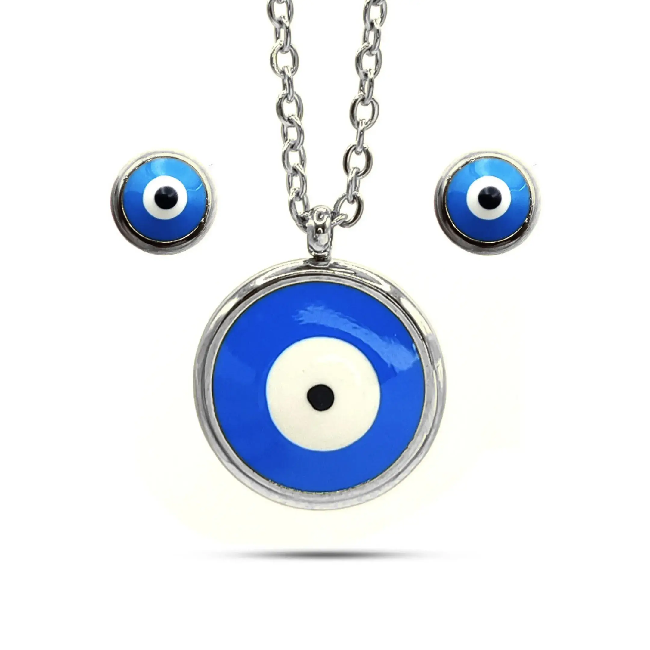 Set Joyeria Acero Inoxidable Plateado Ojo Turco Azul