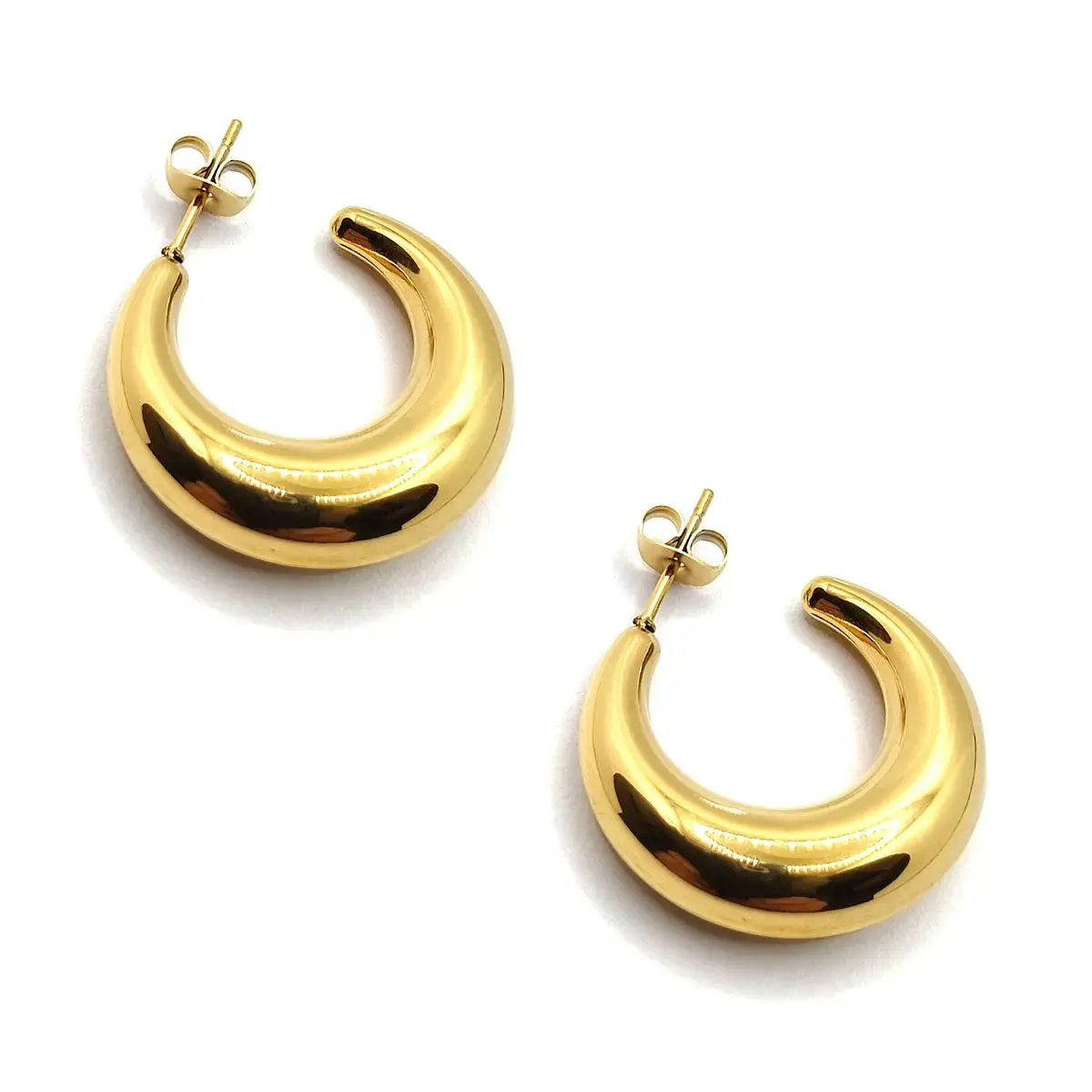 Aretes Acero Dorado Media Arracada Chunky Luna Creciente