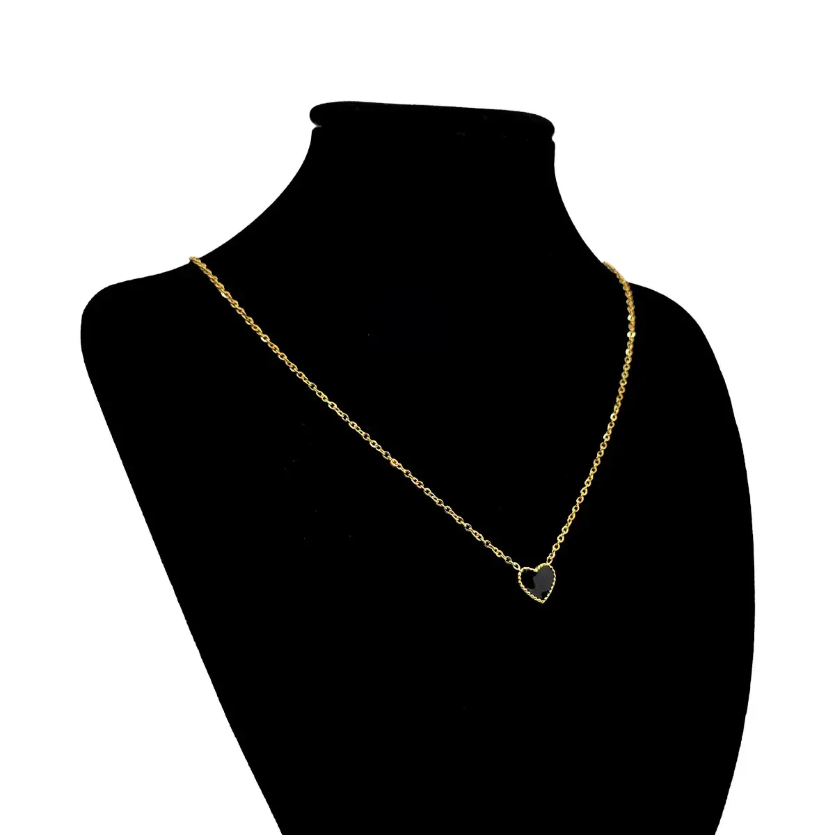 Set Joyería Acero Dorado Corazón Punteado Esmalte Negro