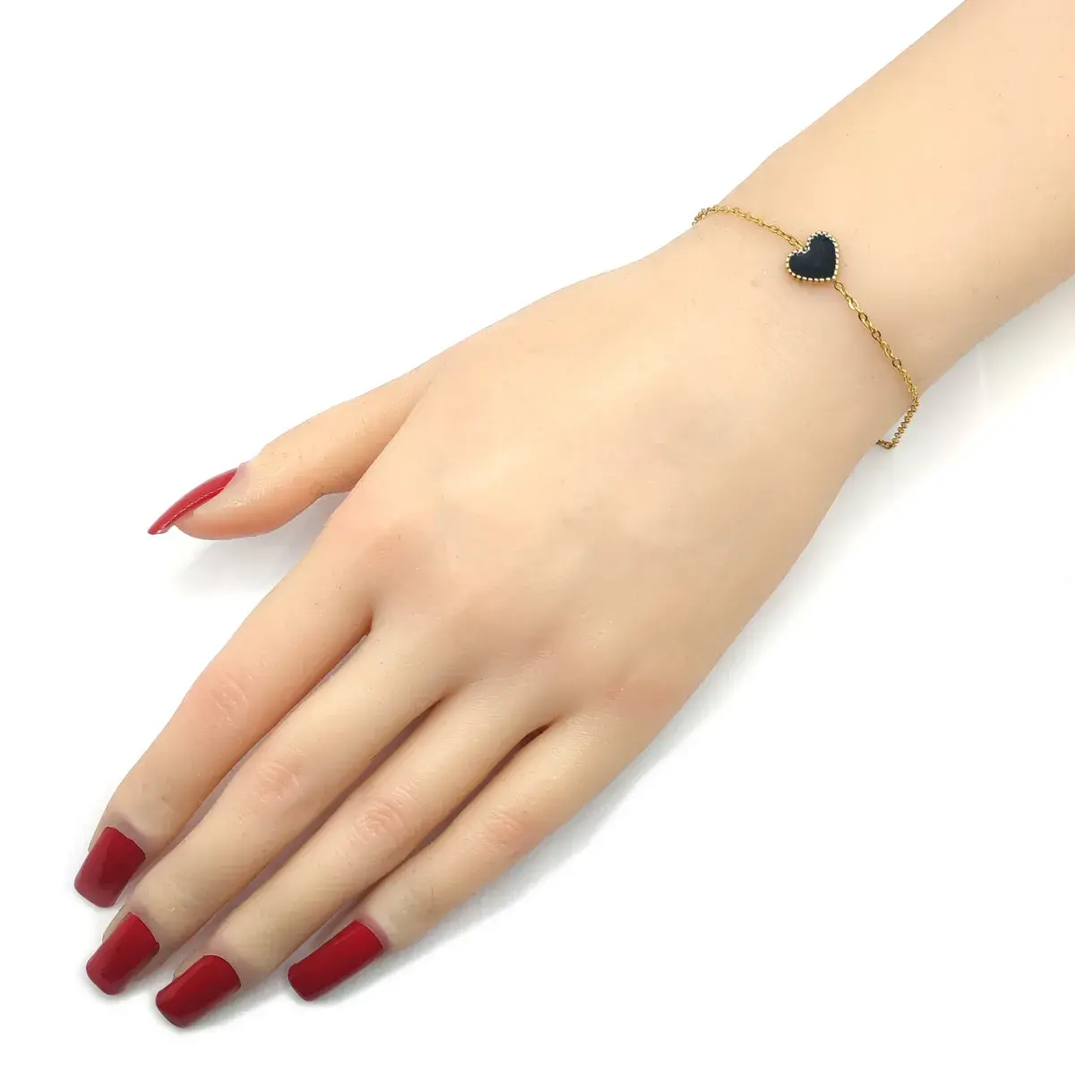 Set Joyería Acero Dorado Corazón Punteado Esmalte Negro