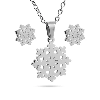 Set Joyeria Acero Inox Plateado Copo de Nieve Snowflake