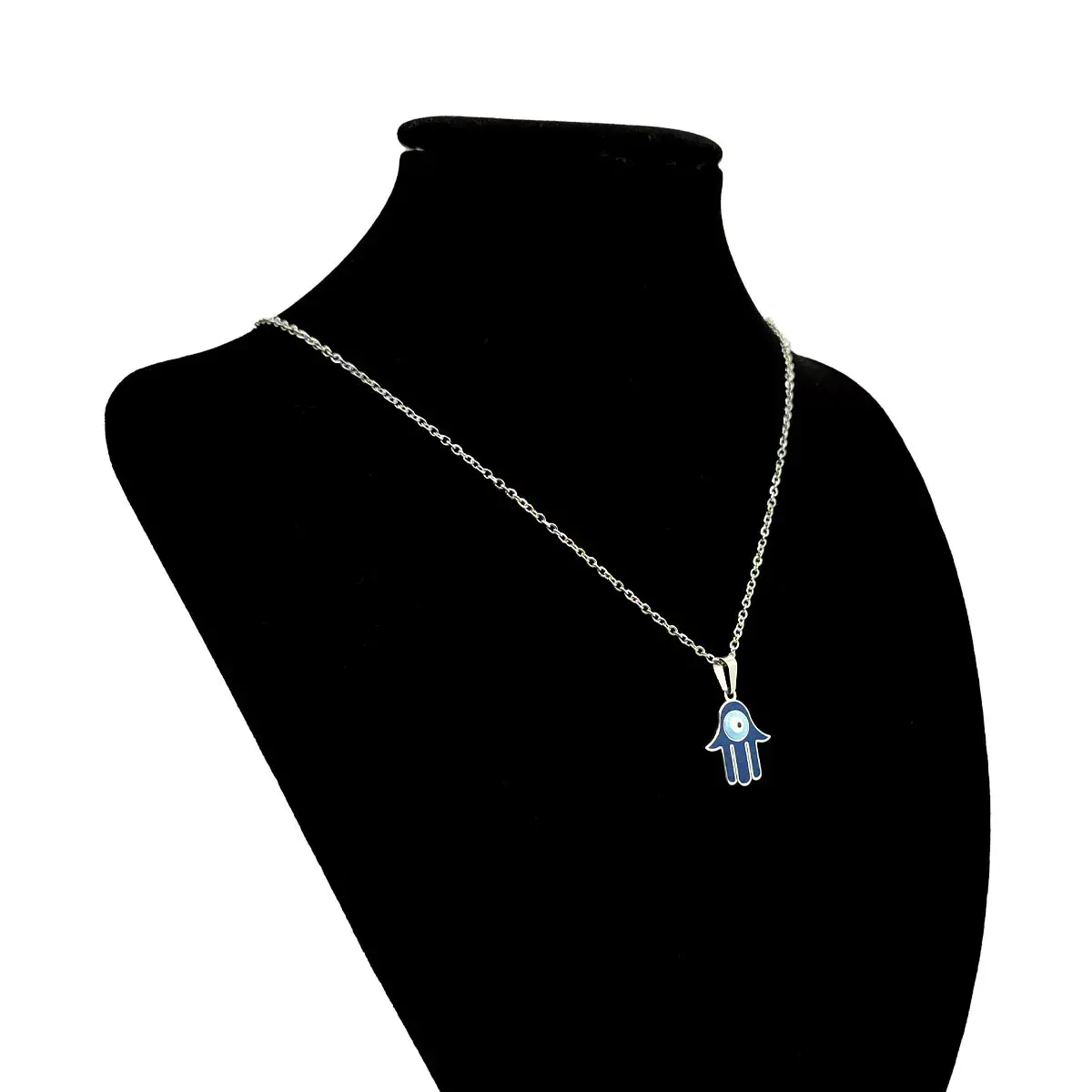 Set Joyeria Acero Inox Plateado Mano De Fatima Hamsa Azul