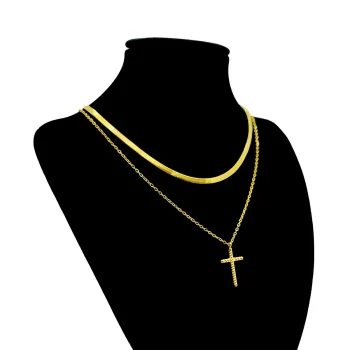 Collar Acero Dorado Doble Cadena Planchada y Delgada Cruz (2)