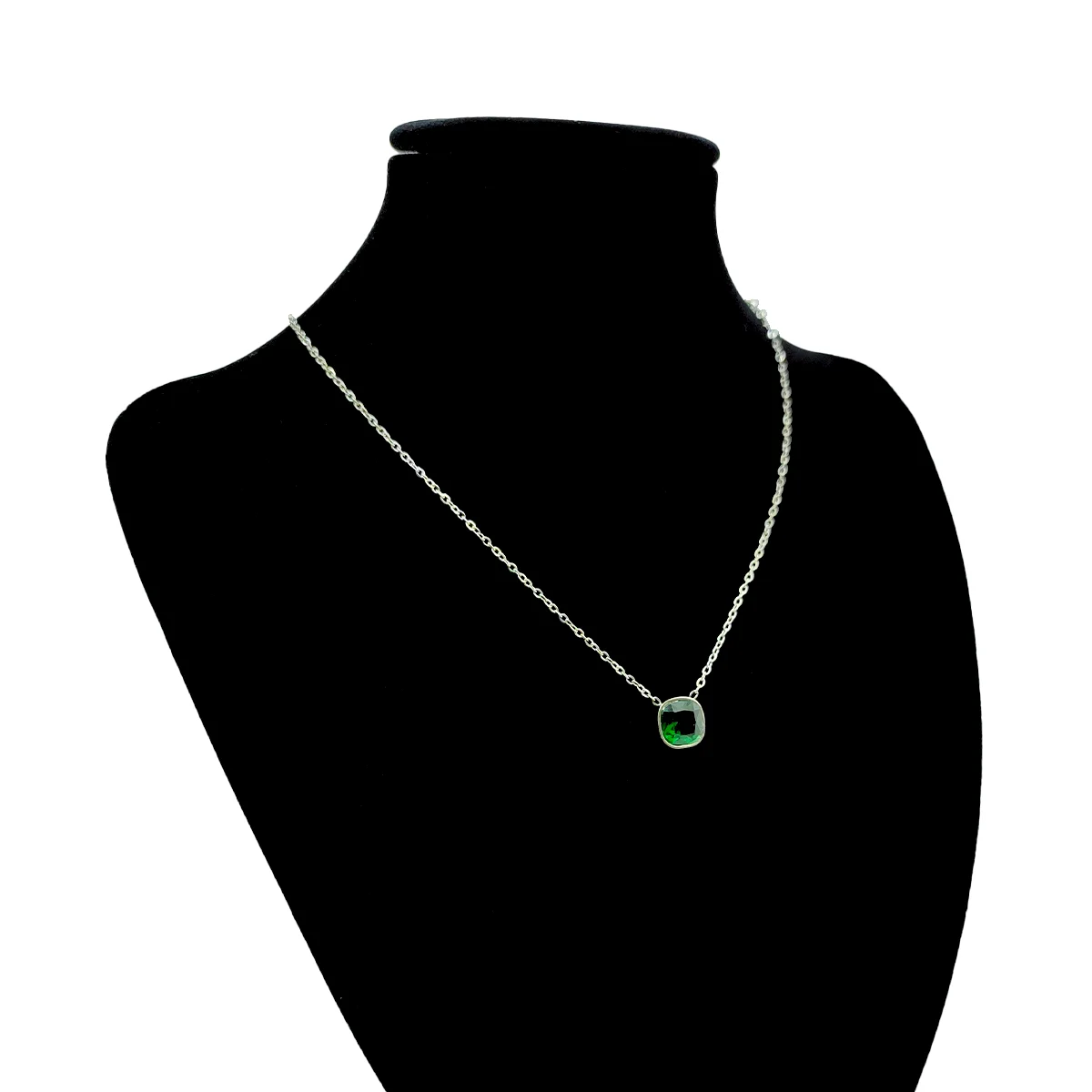 Collar Acero Plateado Cuadrado Zirconia Verde Oscuro