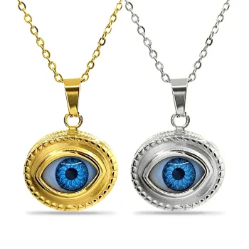 Collar Acero Relicario Oval Ojo Realista Azul Cierre Imán