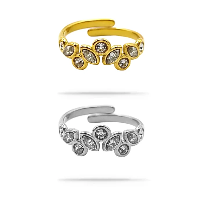 Anillo Acero Ajustable Hojas de Cristal Brillo Elegante