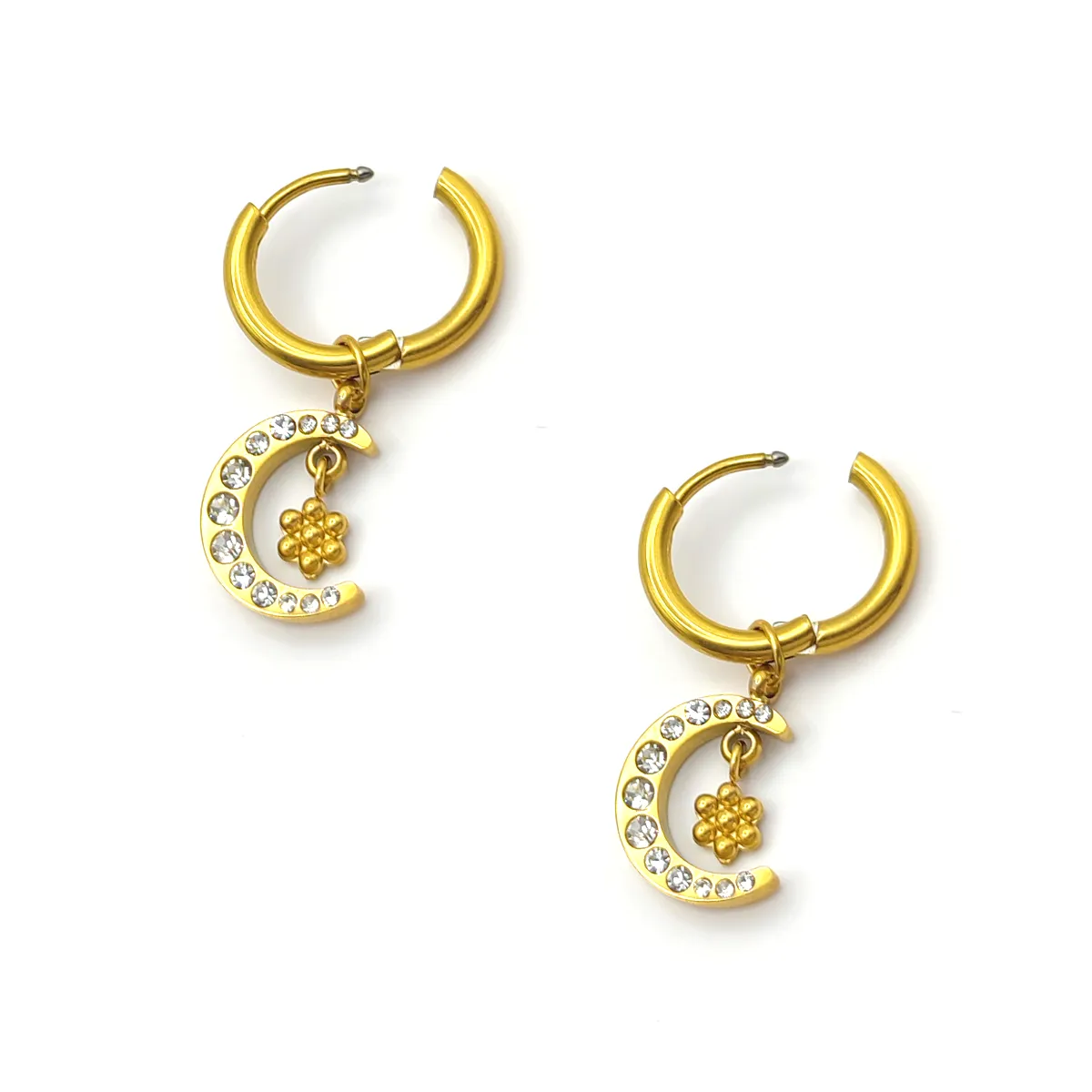 Aretes Acero Dorado Arracada Colgante Luna Flor Zirconia (2)