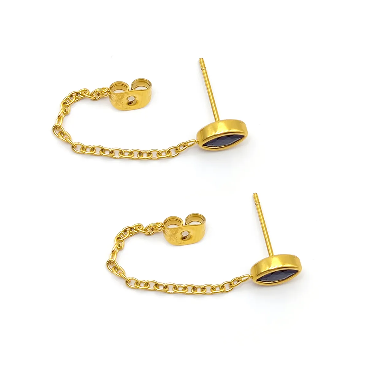 Aretes Acero Dorado Broquel Marquesa Negro con Cadena (2)