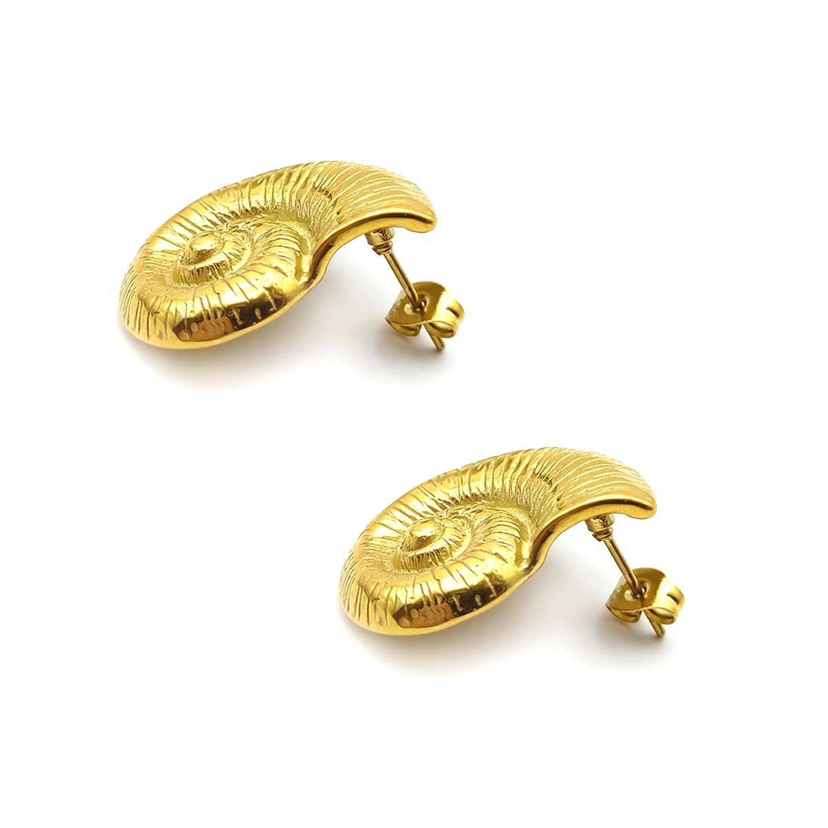 Aretes Acero Dorado Diseño Fosil Amonita Caracol Rayado (2)