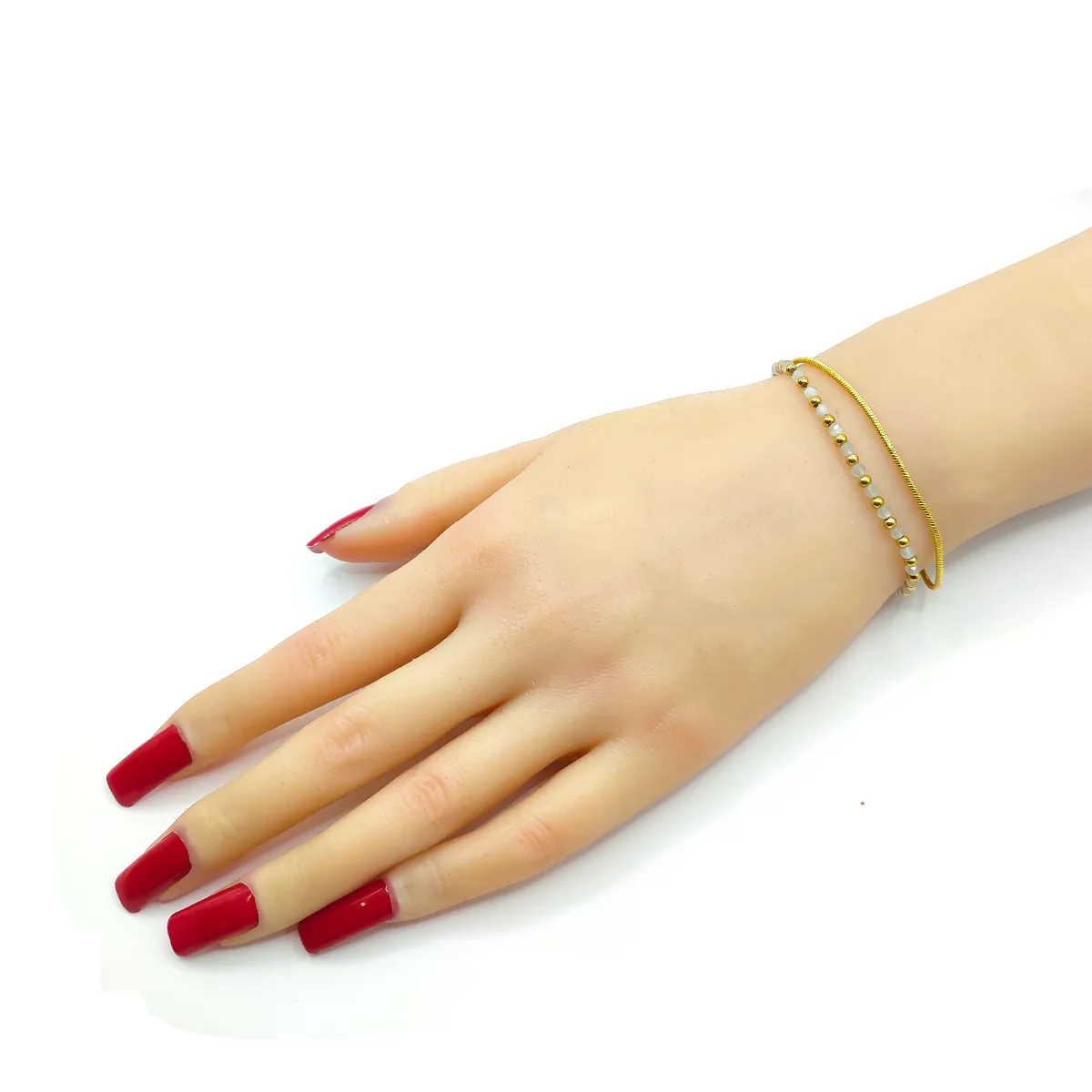 Pulsera Acero Dorado Doble Cola de Rata y Cuentas Grises