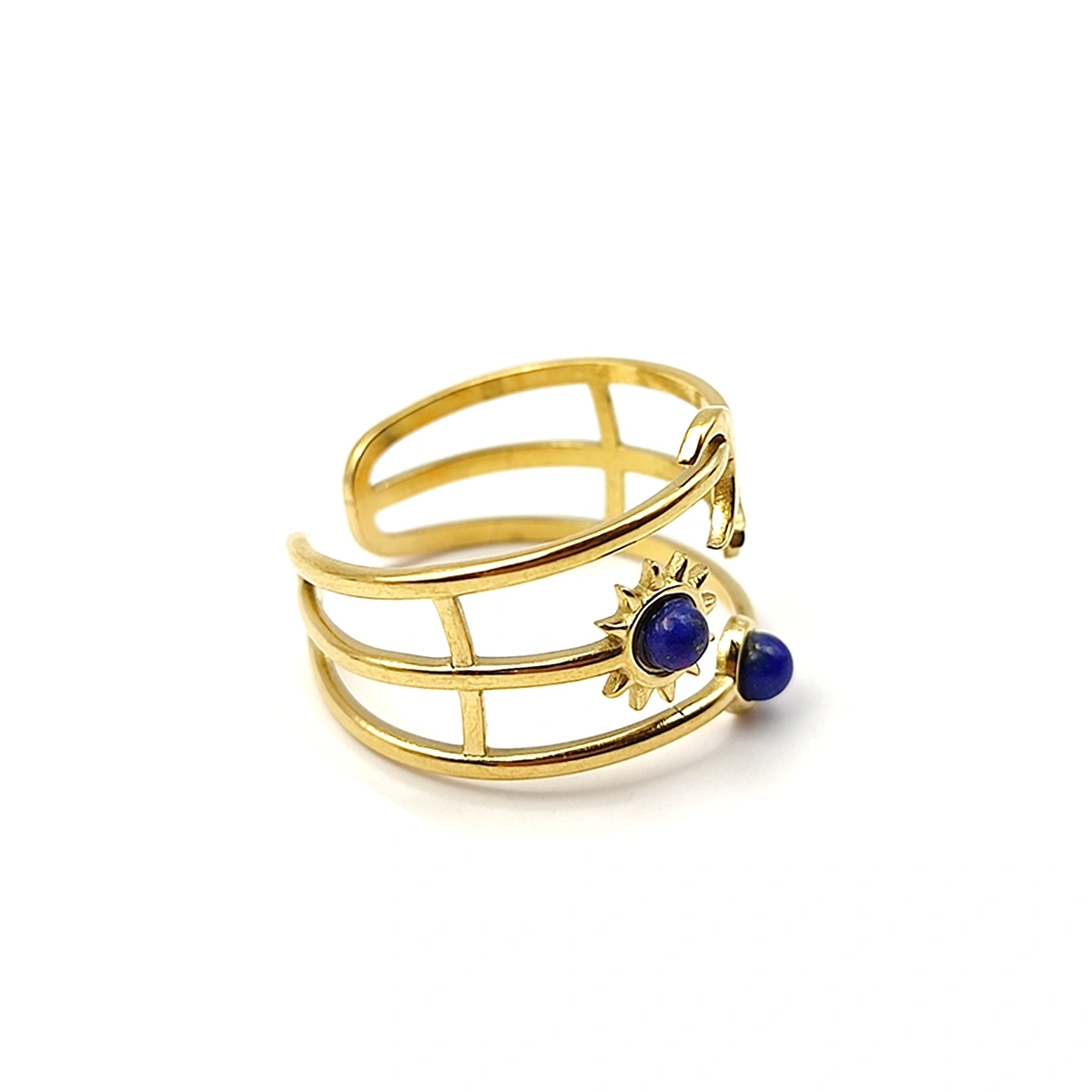 Anillo Acero Dorado Luna Sol Cielo Lapislazuli Ajustable (1)