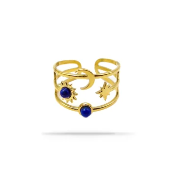 Anillo Acero Dorado Luna Sol Cielo Lapislazuli Ajustable