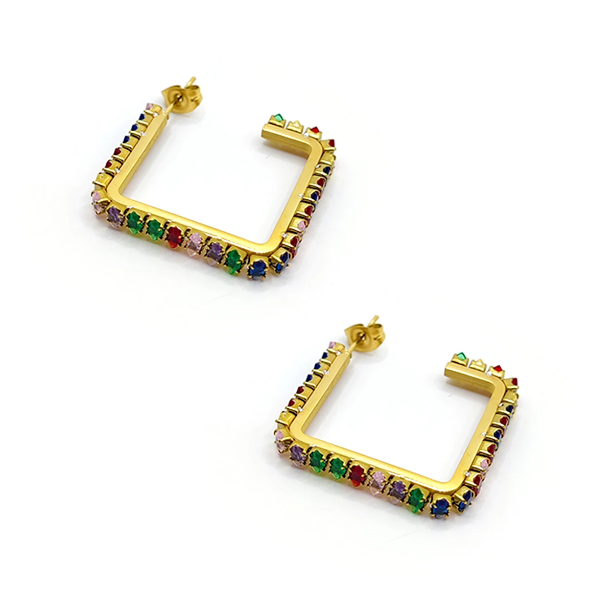 Aretes Acero Dorado Inox Cristales Multicolor Cuadradas