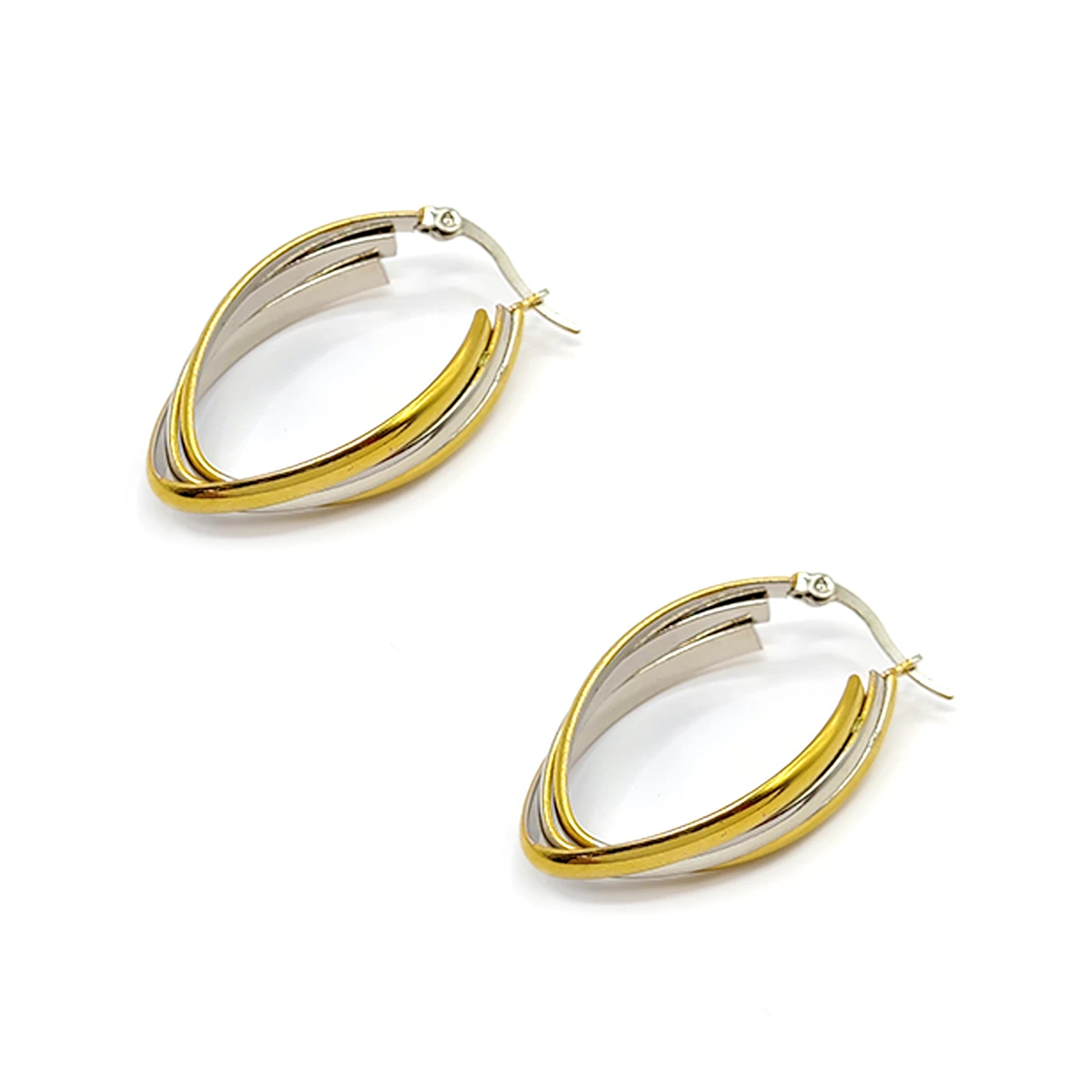 Aretes Acero Inox Bicolor Arracadas Triple Cruzadas Oval