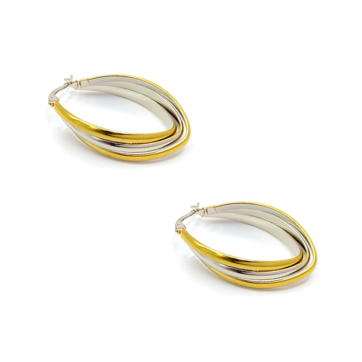 Aretes Acero Inox Bicolor Arracadas Triple Cruzadas Oval