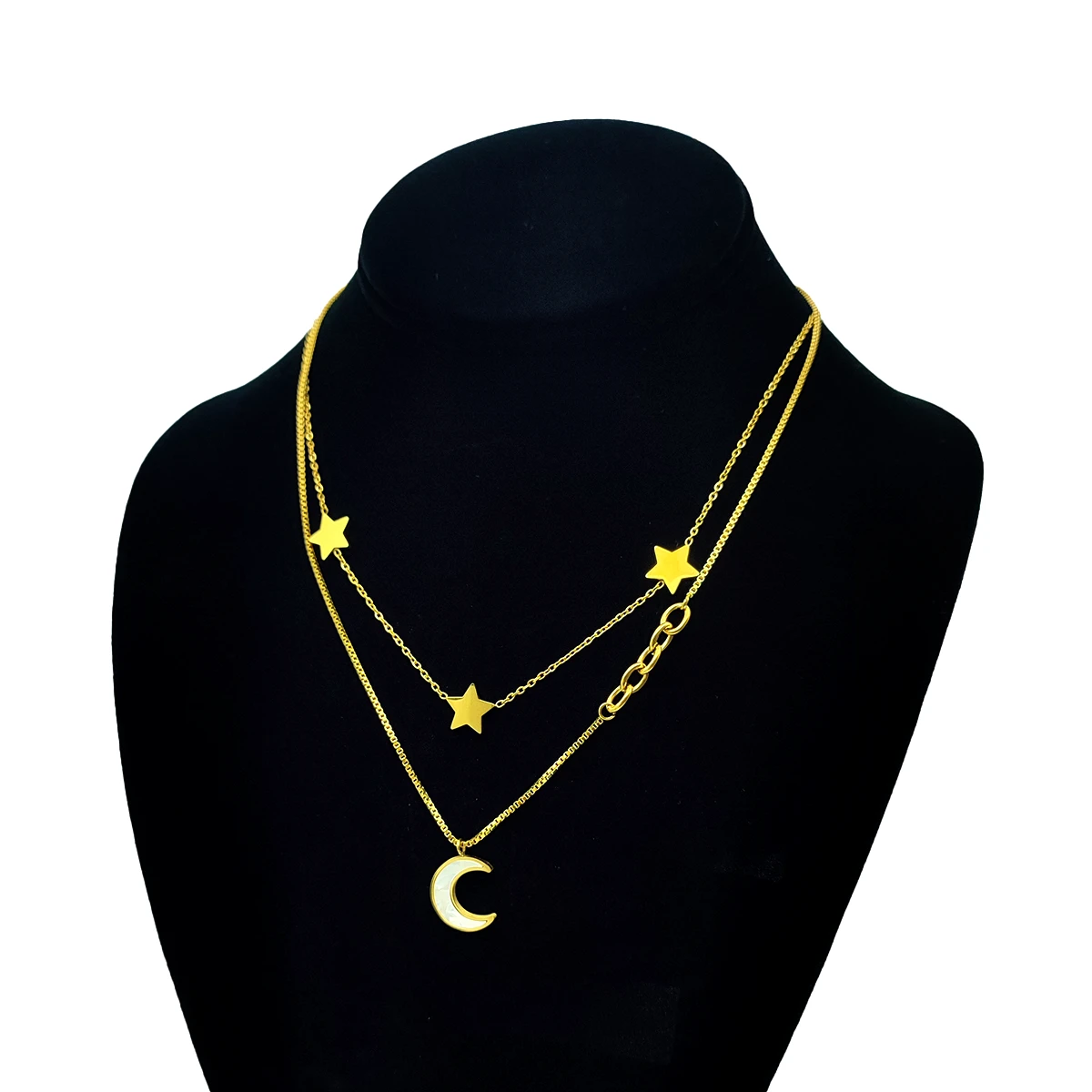 Collar Acero Dorado Doble Estrellas Luna de Madre Perla (3)