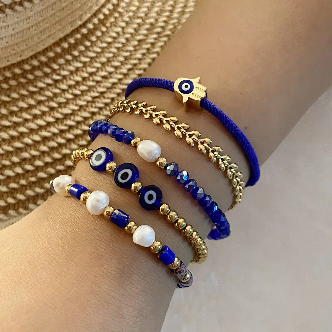 Pulsera Acero Dorado Balines Ojo Turco Azul Protección (2)