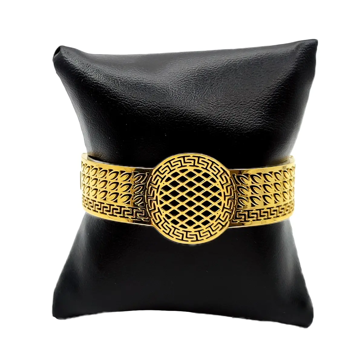 Pulsera Acero Dorado Brazalete Ancho Grecas Detallada