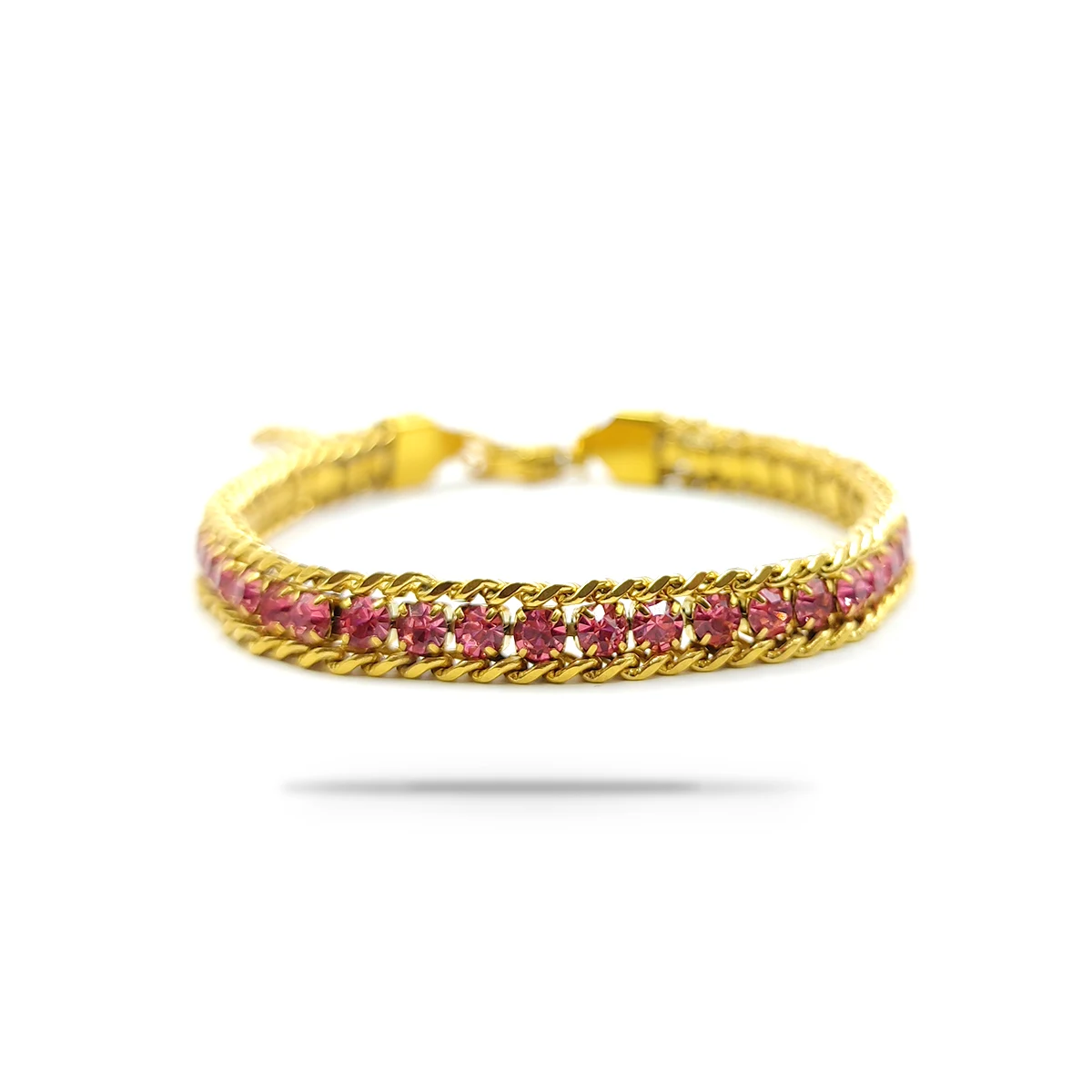 Pulsera Acero Dorado Cadena Tejido Zirconia Rosa Brillo