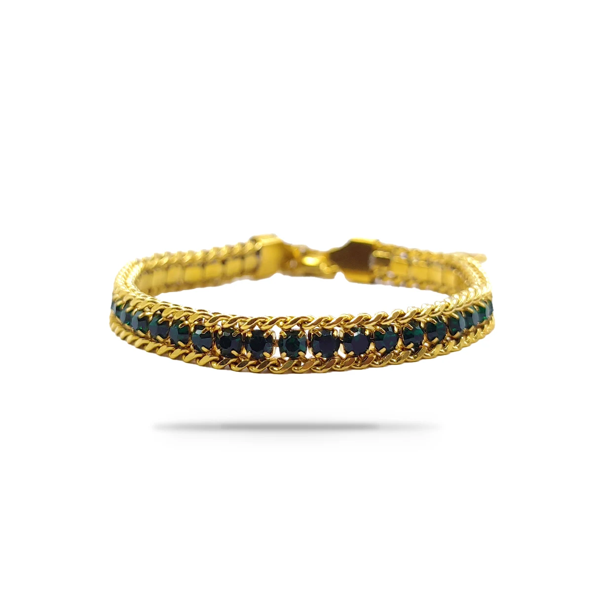 Pulsera Acero Dorado Cadena Tejido Zirconia Verde Brillo