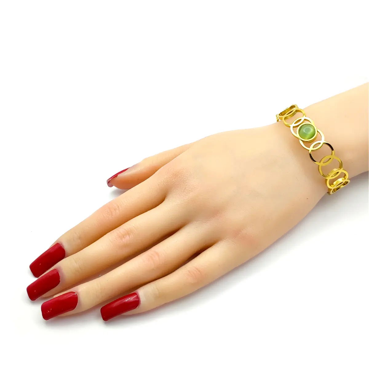 Pulsera Acero Dorado Circulos Unidos Ojo de Gato Verde (1)