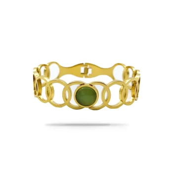 Pulsera Acero Dorado Circulos Unidos Ojo de Gato Verde